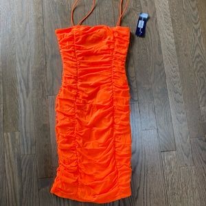 Neon orange runched mini dress size small NWT
